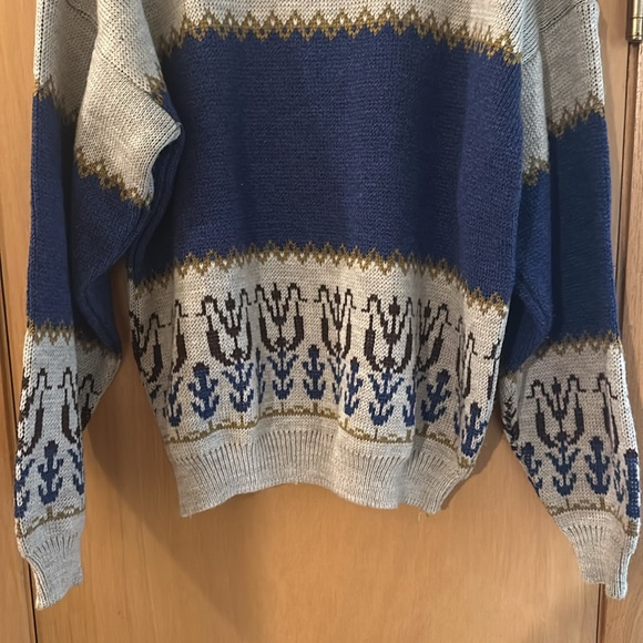Peter Werth Vintage Fair Isle Crew Neck Tulip Sweater Blue Tan Size Medium - Picture 3 of 10
